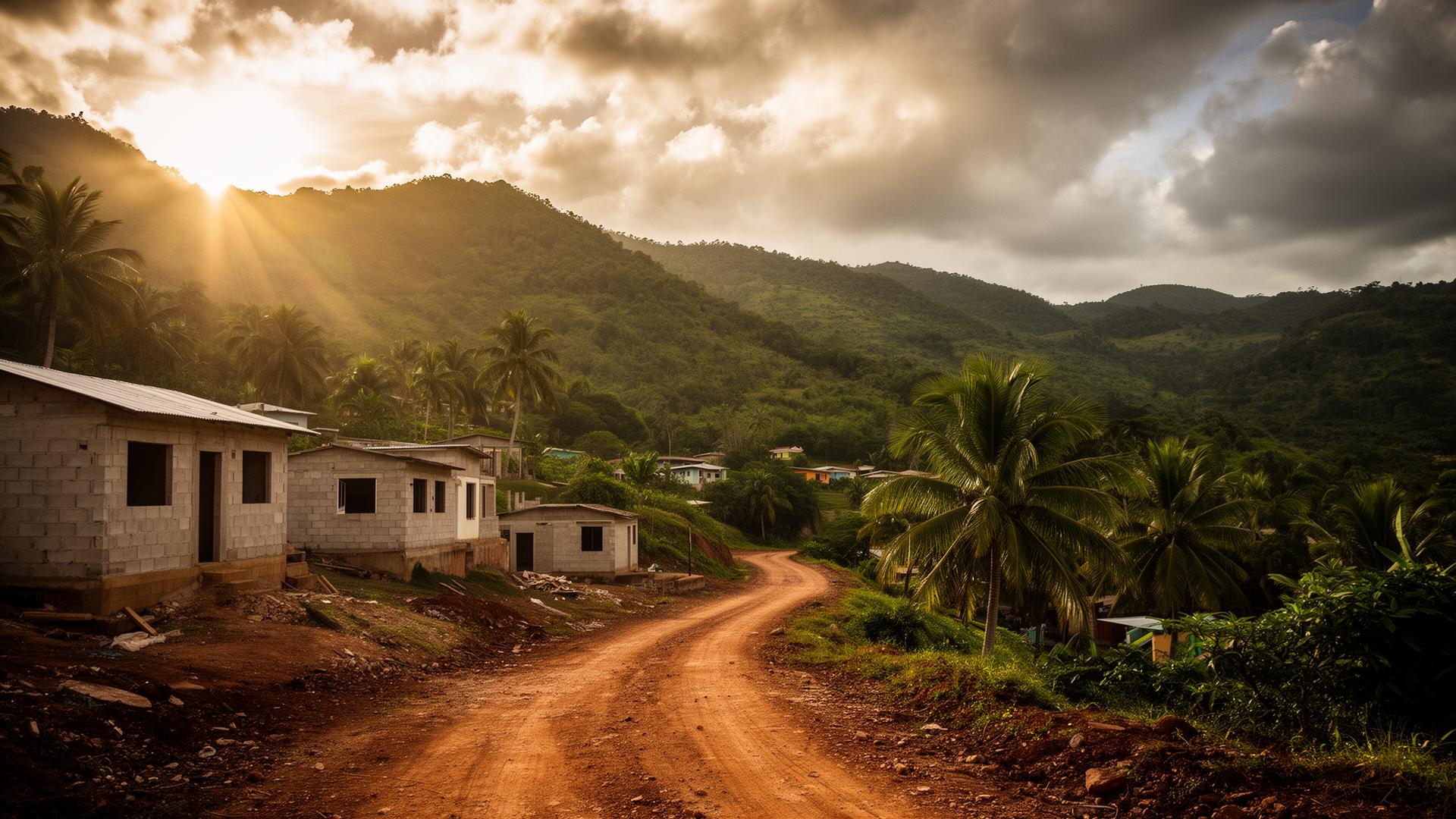 Dirt road through the hills of the Dominican Republic at golden hour
